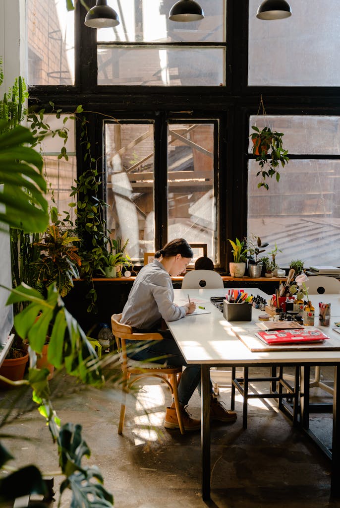 A woman artist focused on her work in a sunlit studio filled with plants and art supplies.