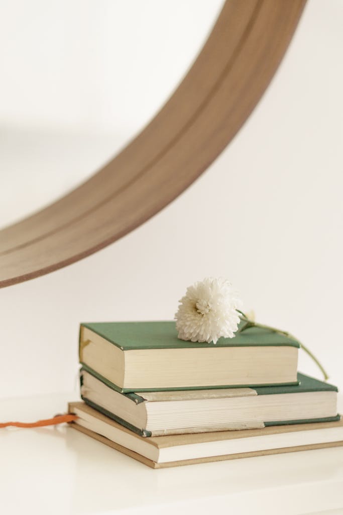 Green books stacked with a white chrysanthemum on a reflective surface, offering a peaceful vibe.