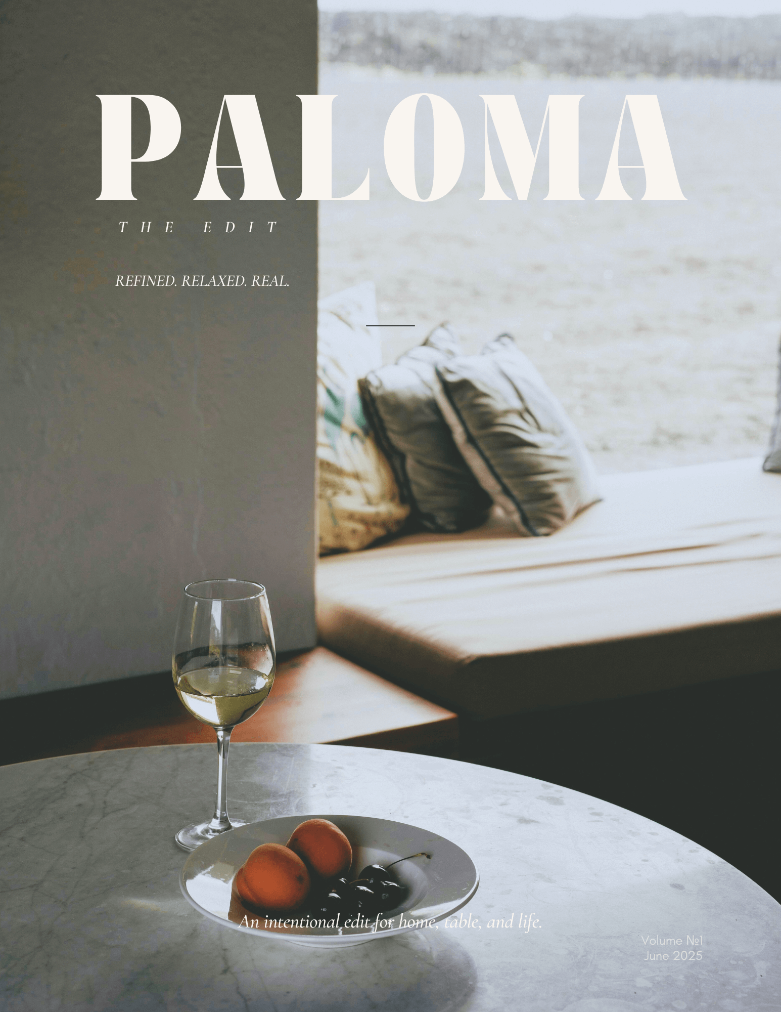 The Paloma Edit Digital Magazine Cover - table with a glass of wine and bowl of fruit, near open window overlooking the water.